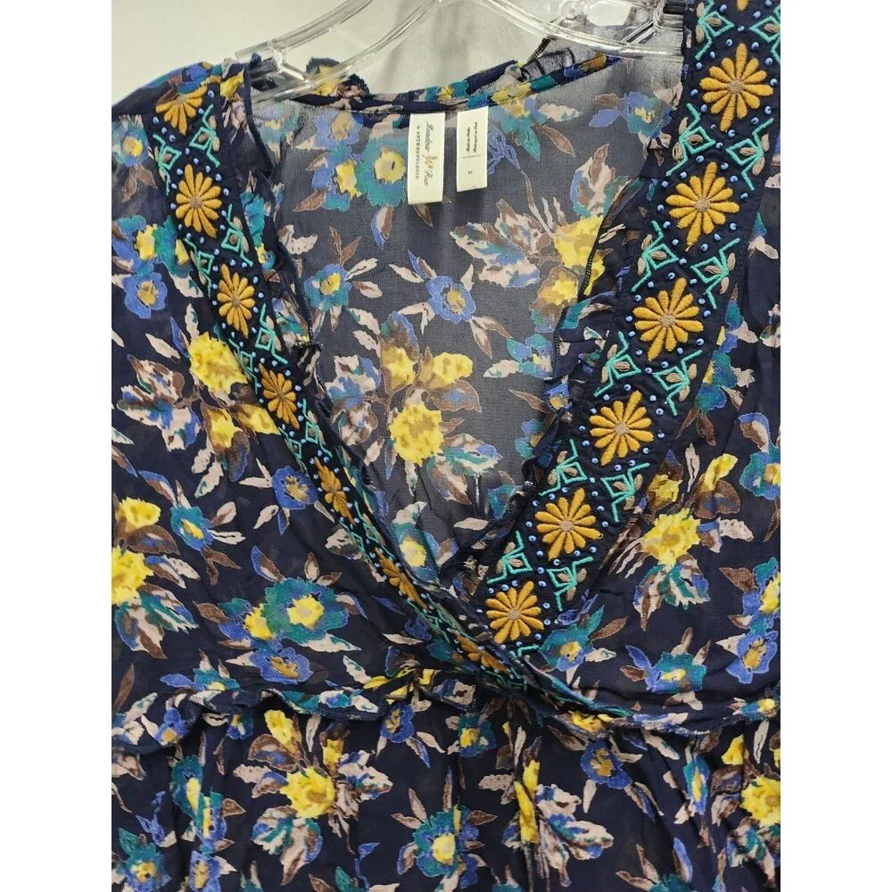 Meadow Rue by Anthropologie‎ Womens Peasant Top Medium Blue Floral Embroidered